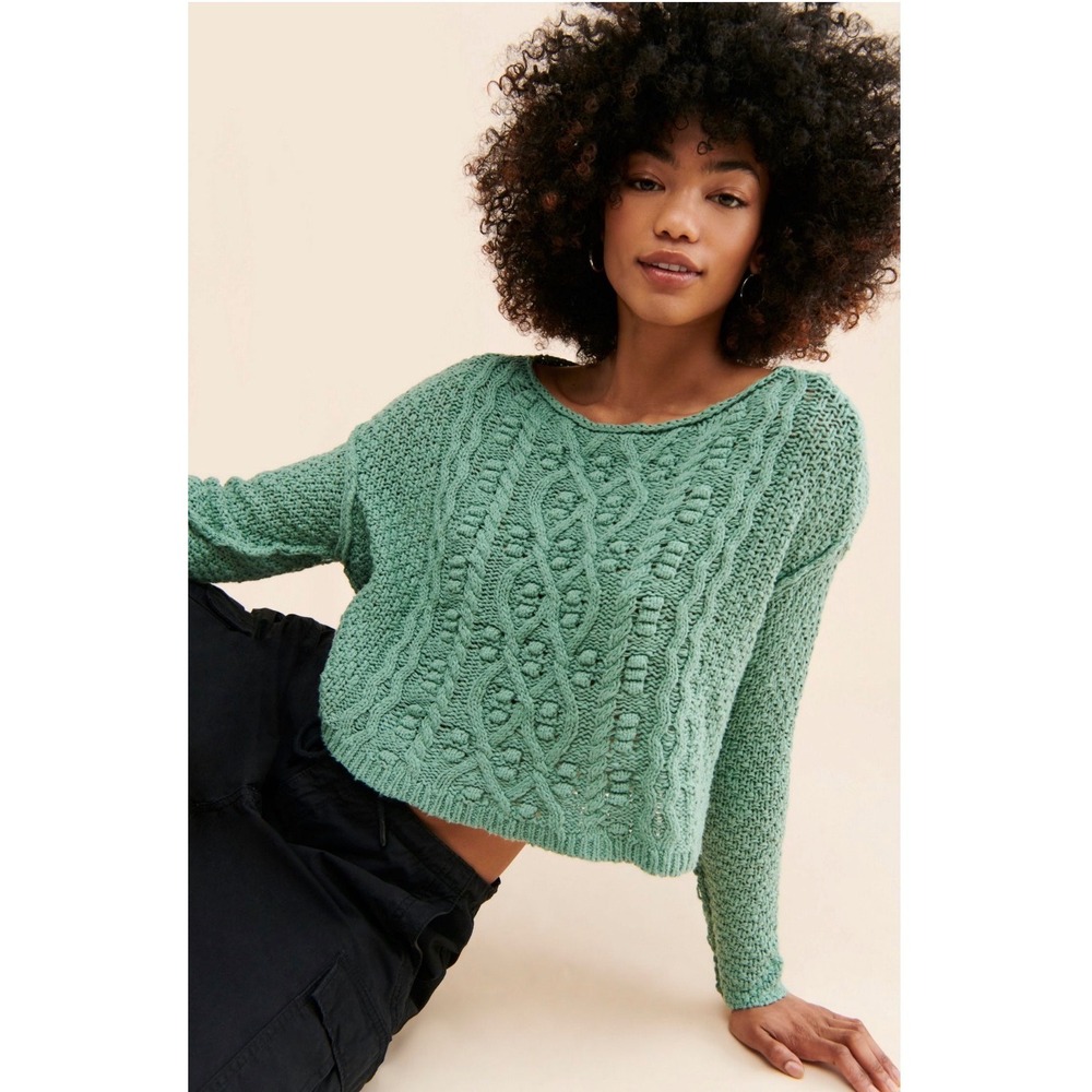 Free People Changing Tides Pullover Sweater Sage Green Cable Knit Cropped